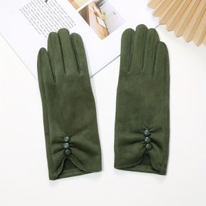 Women's WinterTouchscreen Gloves - Warm, Windproof, and Stylish for Cycling, Driving, and Outdoor Activities, Green with Three-Button Accent, Soft Polyester & Spandex Blend, Elastic Fit, Solid Color Design, Driving Gloves