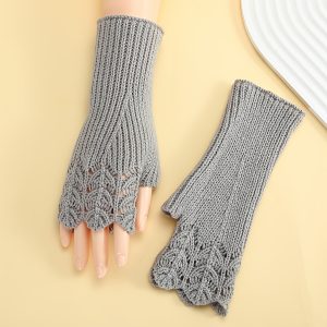 1 Pair Women's Preppy Style Fingerless Gloves - Solid Color Acrylic Knit, Elastic Warm Arm Warmers for Weekend Casual, Hand Wash or Professional Dry Clean | Knitting Craftsmanship | Middle East Collection