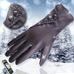 Warm Lining Full Finger Women'S Gloves, Faux Leather Touch Screen Black Winter Outdoor Windproof Driving Gloves (Color: B Size: One Size) (C One Size)