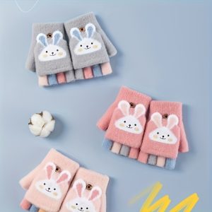 A Pair of Gloves, Thick Half-Finger Knitted Cartoon Warm Flip Gloves for Girls in Winter