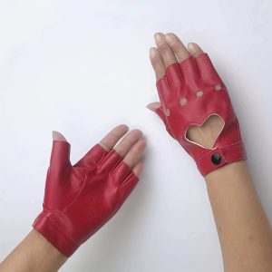 A Lady'S Heart-Shaped Hollow-Out Fingerless PU Half-Finger Gloves Street Dance Performance Stage Performance