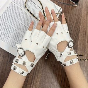 Rivet Wrist Half-Finger Gloves Women'S Performance Stage Performance Gloves Riding Gloves